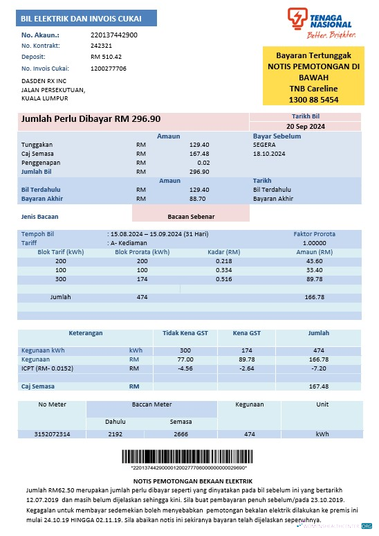 Malaysia Tenaga Nasional electricity business utility bill template in Word and PDF formats